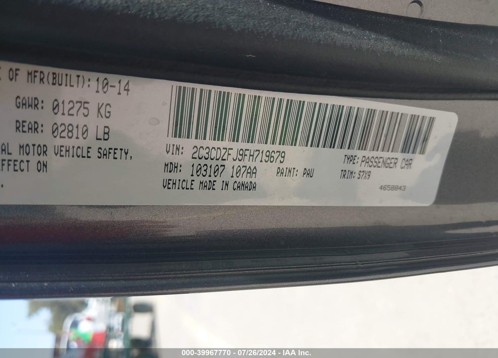 2015 DODGE CHALLENGER R/T SCAT PACK VIN: 2C3CDZFJ9FH719679