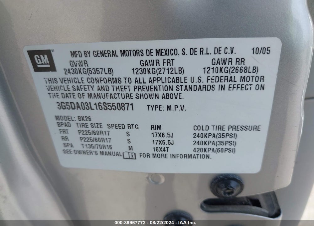 2006 BUICK RENDEZVOUS VIN: 3G5DA03L16S550871
