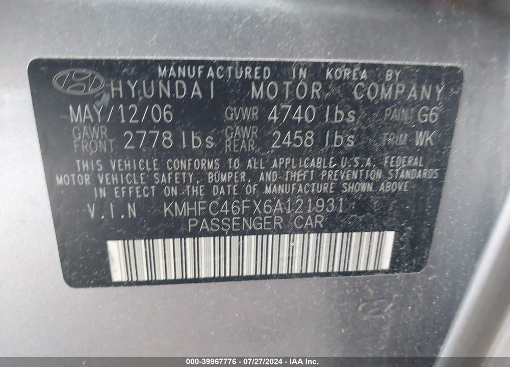2006 HYUNDAI AZERA LIMITED/SE VIN: KMHFC46FX6A121931