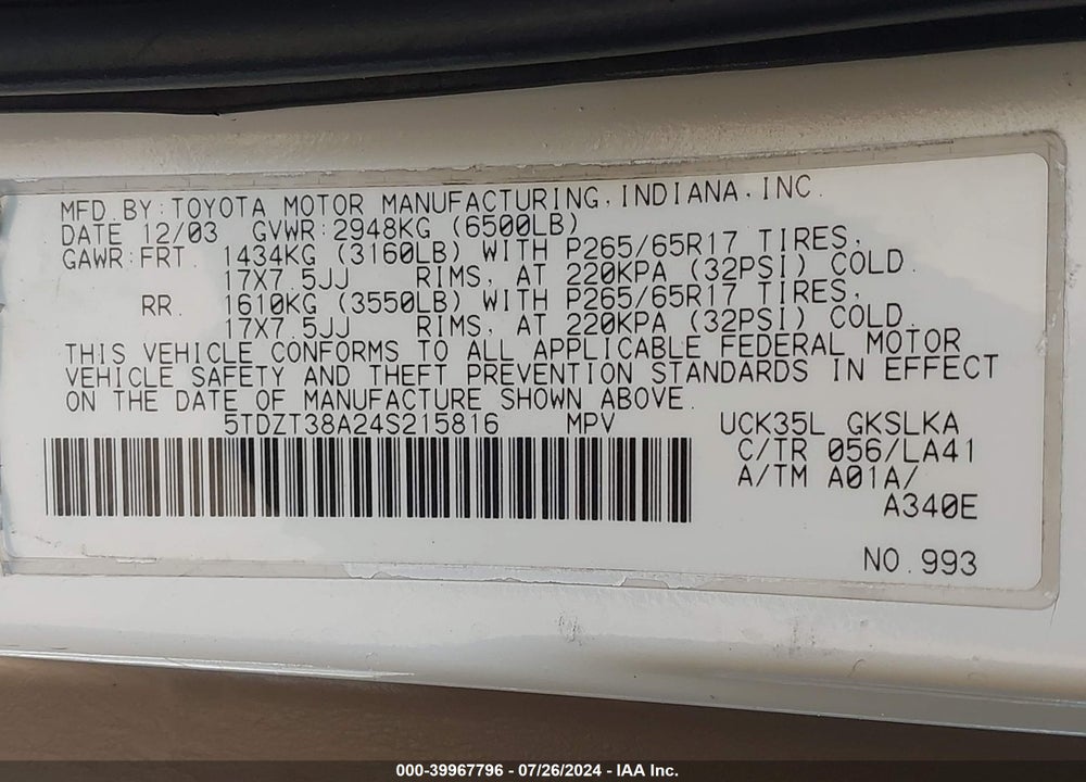 2004 TOYOTA SEQUOIA LIMITED V8 VIN: 5TDZT38A24S215816