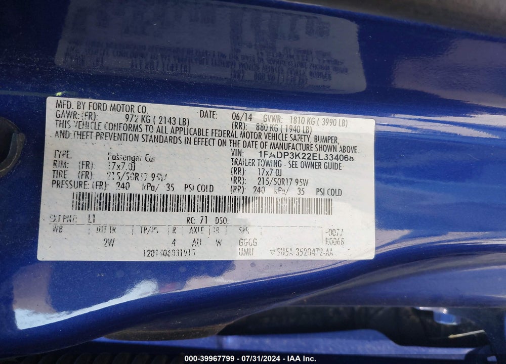 2014 FORD FOCUS SE VIN: 1FADP3K22EL334068