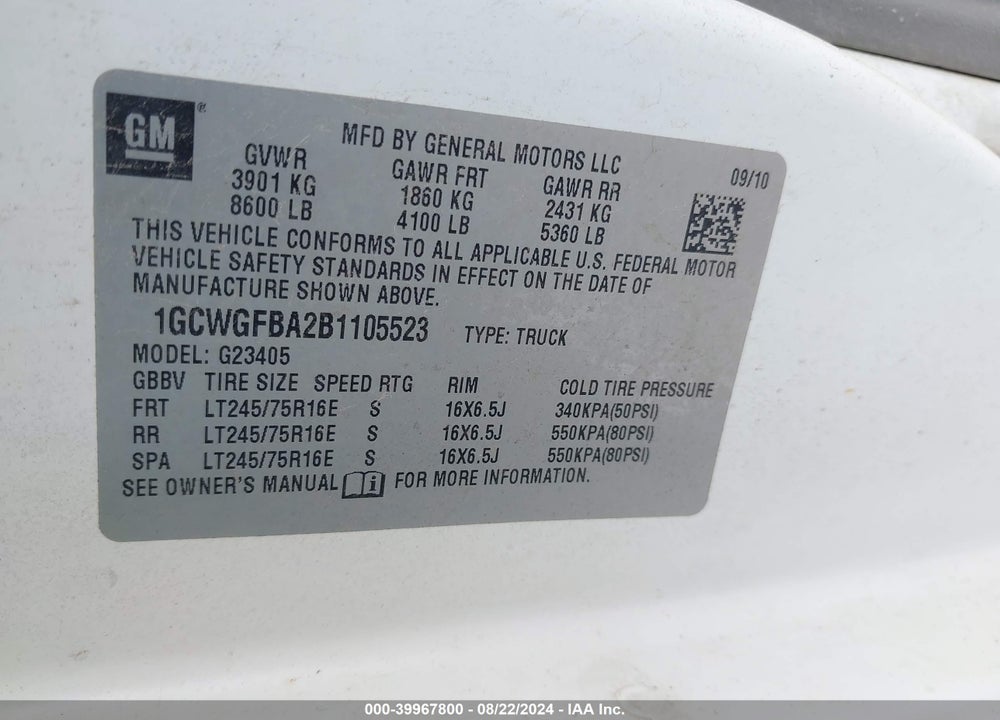 2011 CHEVROLET EXPRESS 2500 VIN: 1GCWGFBA2B1105523