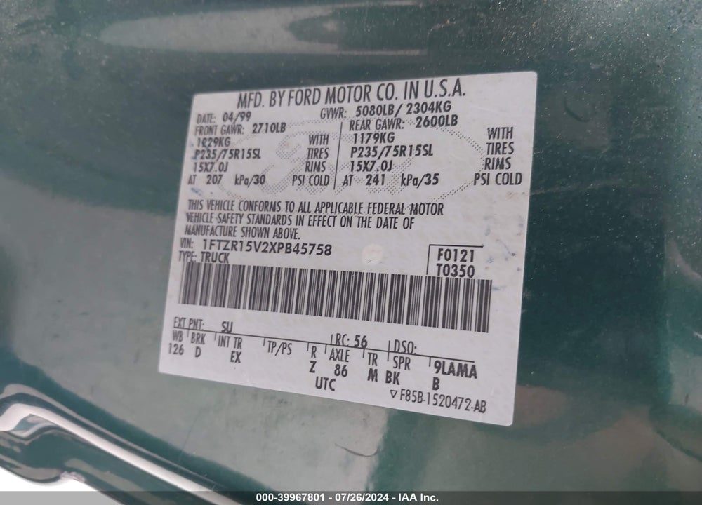 1999 FORD RANGER XL/XLT VIN: 1FTZR15V2XPB45758