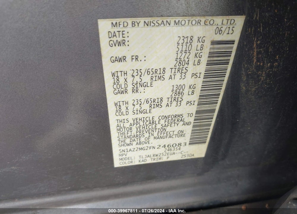 2015 NISSAN MURANO SL VIN: 5N1AZ2MG2FN246083