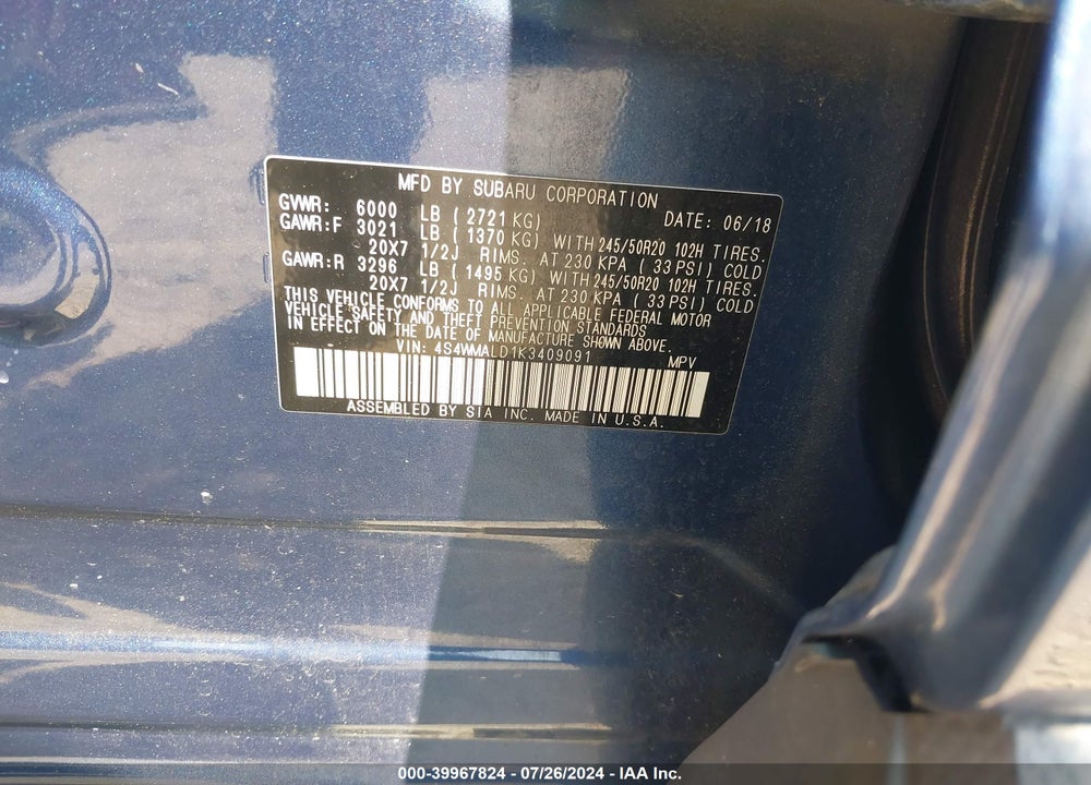 2019 SUBARU ASCENT LIMITED VIN: 4S4WMALD1K3409091