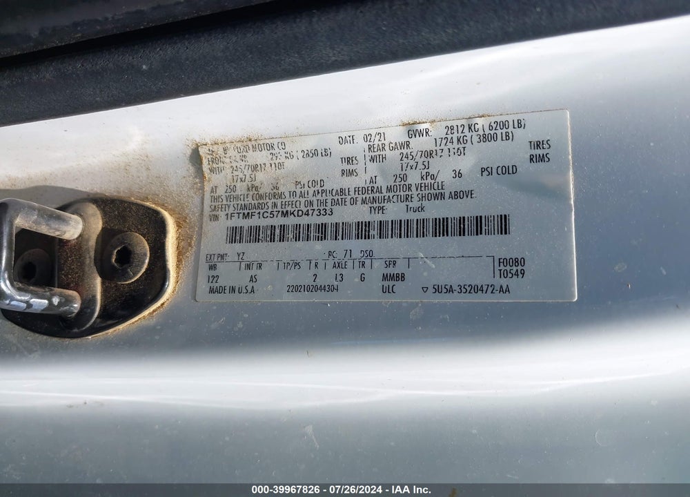 2021 FORD F-150 XL VIN: 1FTMF1C57MKD47333