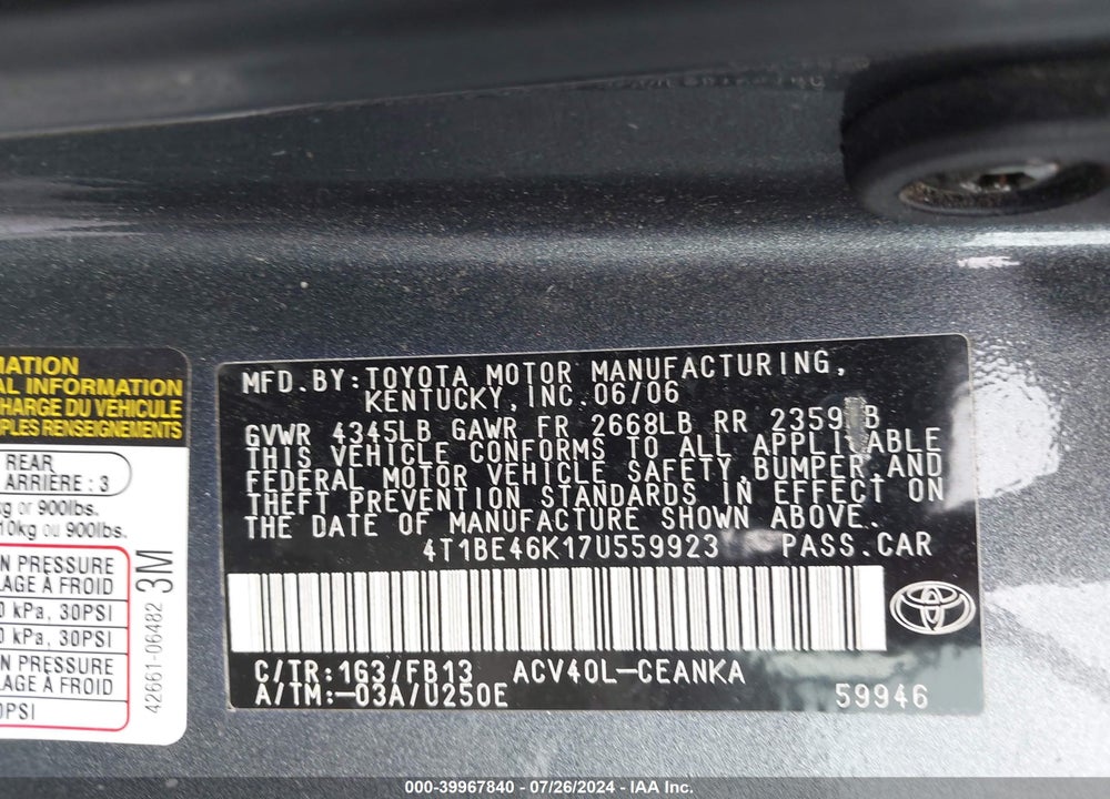 2007 TOYOTA CAMRY LE VIN: 4T1BE46K17U559923