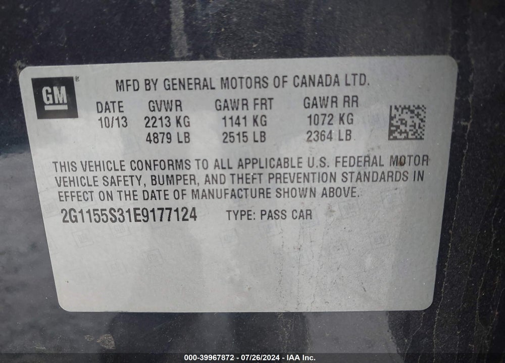 2014 CHEVROLET IMPALA 2LZ VIN: 2G1155S31E9177124