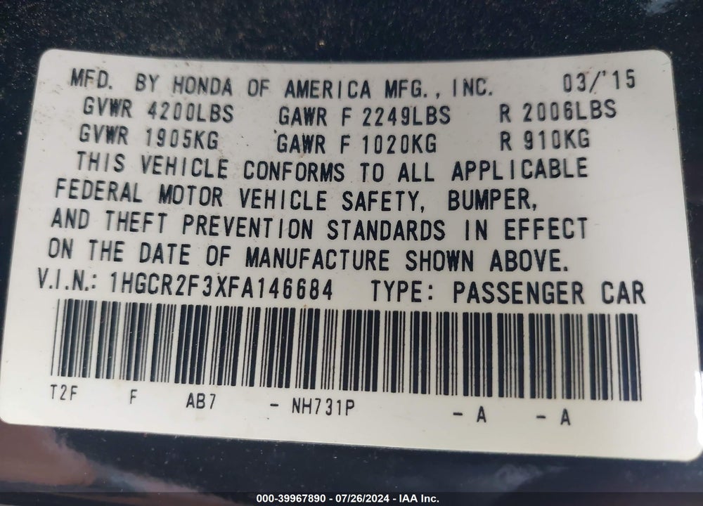 2015 HONDA ACCORD LX VIN: 1HGCR2F3XFA146684