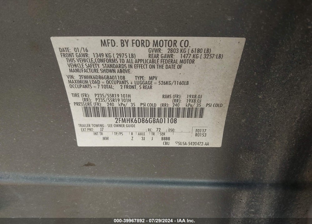 2016 FORD FLEX LIMITED VIN: 2FMHK6D86GBA01108