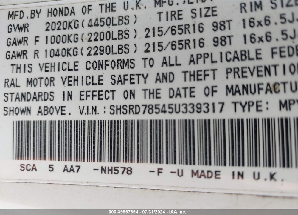 2005 HONDA CR-V LX VIN: SHSRD78545U339317