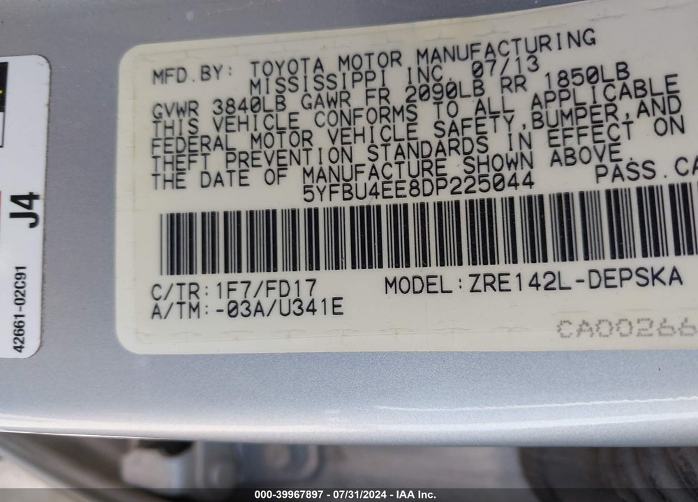 2013 TOYOTA COROLLA S VIN: 5YFBU4EE8DP225044