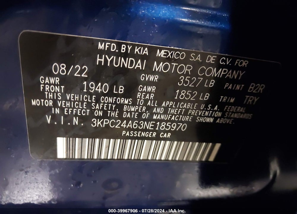 2022 HYUNDAI ACCENT SE VIN: 3KPC24A63NE185970