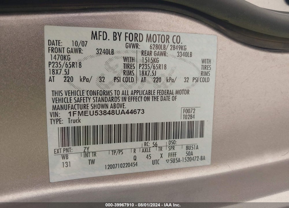 2008 FORD EXPLORER SPORT TRAC LIMITED VIN: 1FMEU53848UA44673
