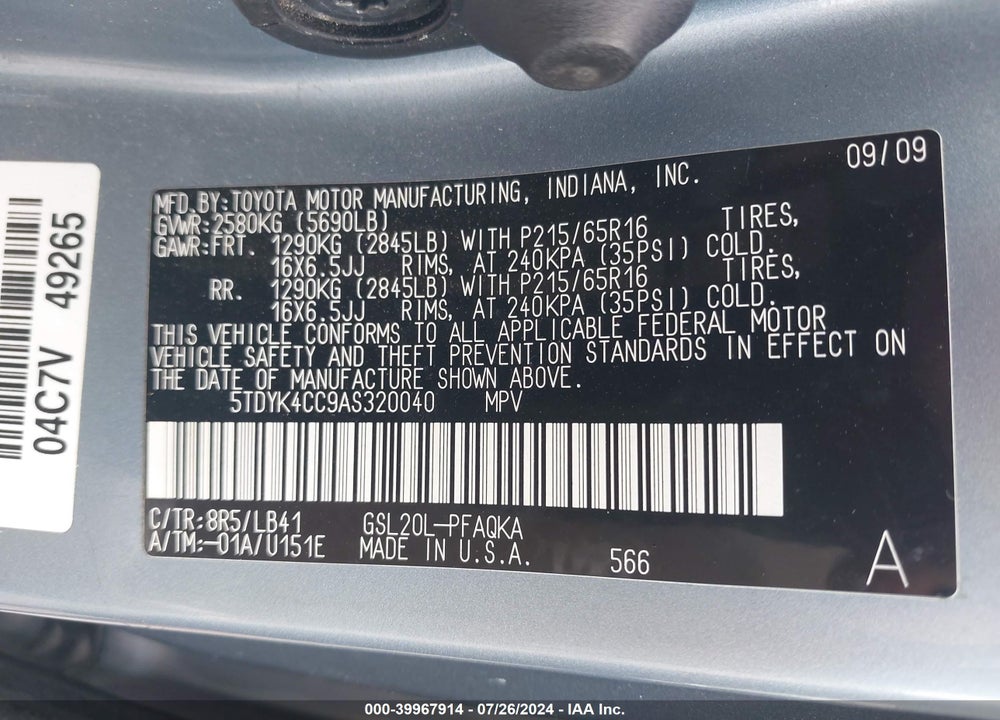 2010 TOYOTA SIENNA XLE VIN: 5TDYK4CC9AS320040