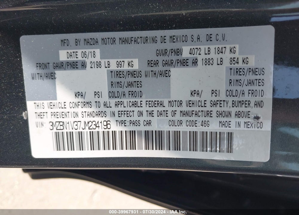 2018 MAZDA 3 TOURING VIN: 3MZBN1V37JM234196