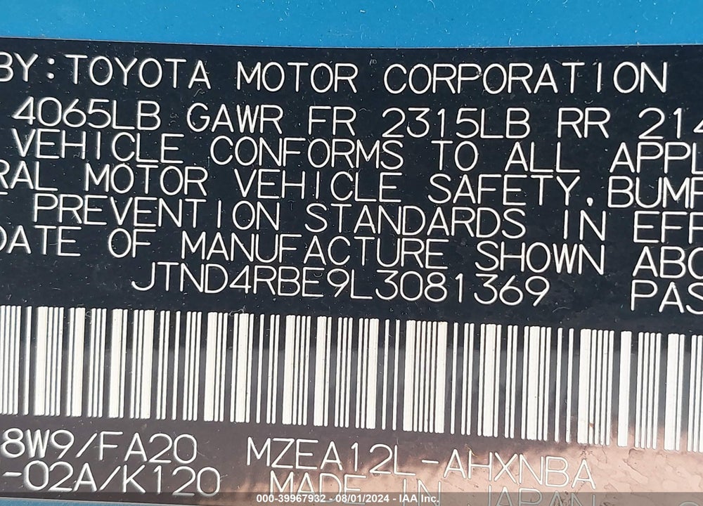 2020 TOYOTA COROLLA SE VIN: JTND4RBE9L3081369