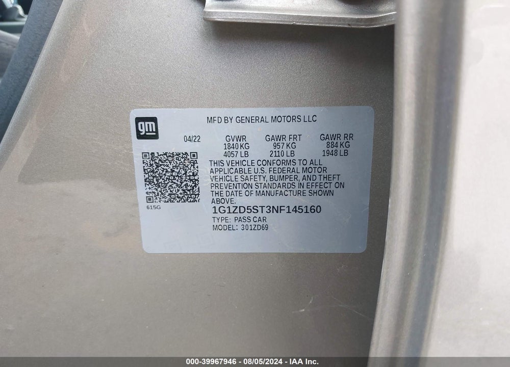 2022 CHEVROLET MALIBU FWD LT VIN: 1G1ZD5ST3NF145160