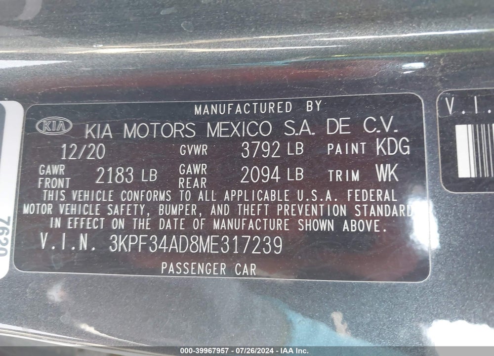 2021 KIA FORTE GT LINE VIN: 3KPF34AD8ME317239