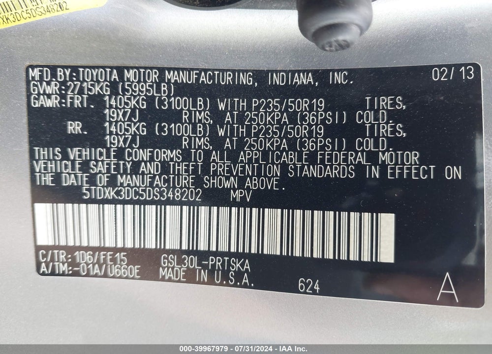 2013 TOYOTA SIENNA SE 8 PASSENGER VIN: 5TDXK3DC5DS348202