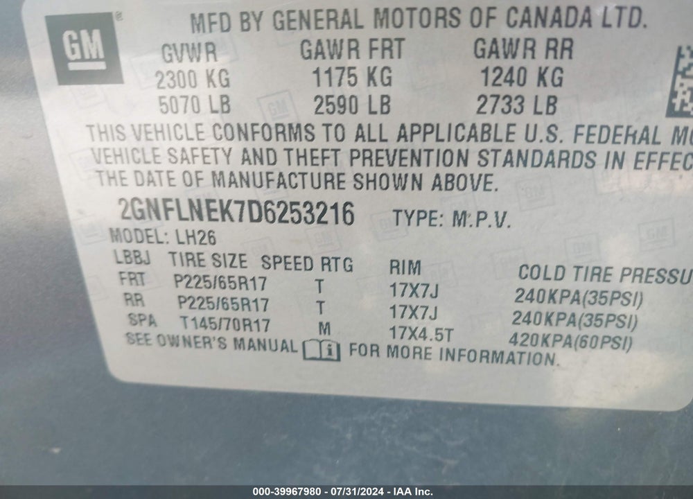2013 CHEVROLET EQUINOX 2LT VIN: 2GNFLNEK7D6253216