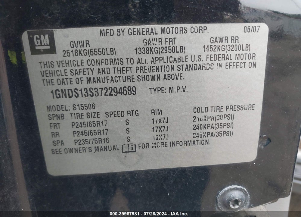 2007 CHEVROLET TRAILBLAZER LS VIN: 1GNDS13S372294689