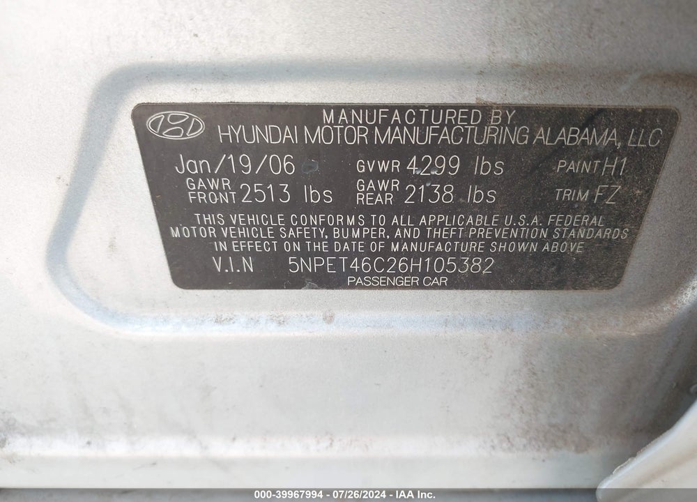 2006 HYUNDAI SONATA GL VIN: 5NPET46C26H105382