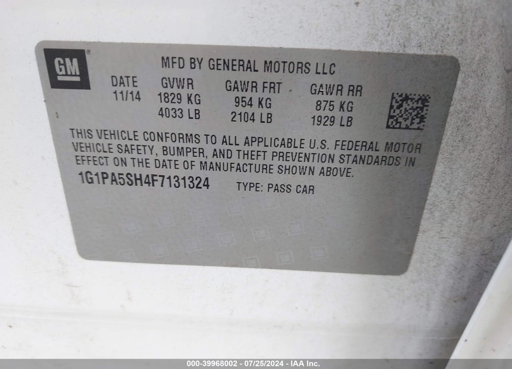 2015 CHEVROLET CRUZE LS AUTO VIN: 1G1PA5SH4F7131324