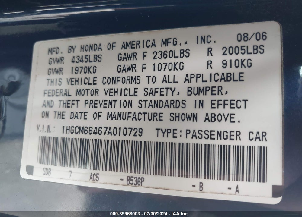 2007 HONDA ACCORD 3.0 SE VIN: 1HGCM66467A010729