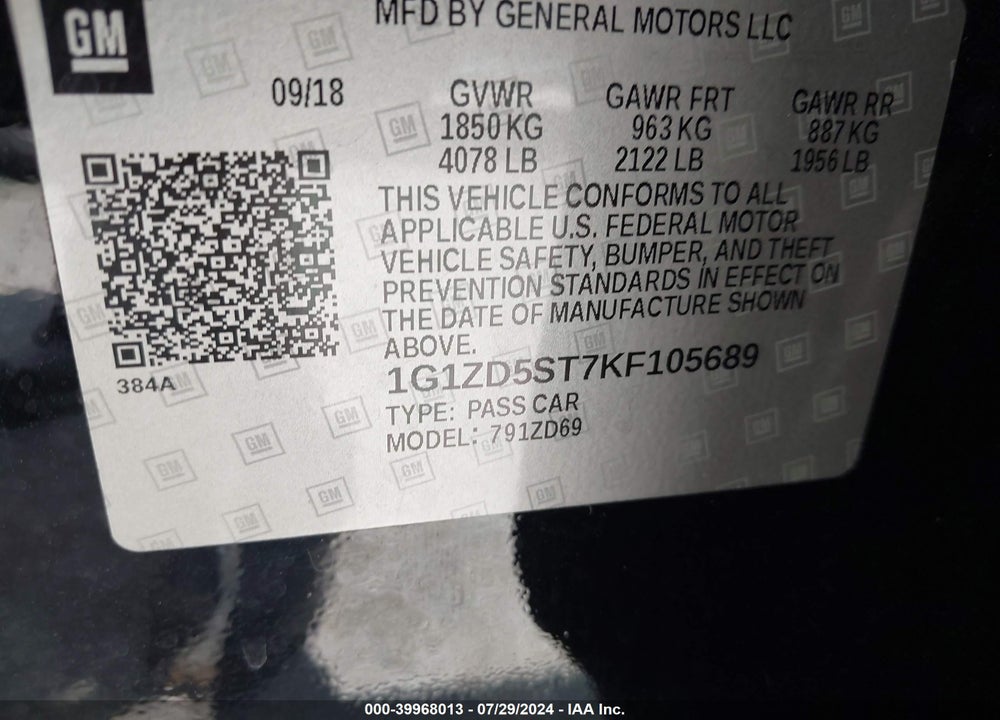2019 CHEVROLET MALIBU LT VIN: 1G1ZD5ST7KF105689