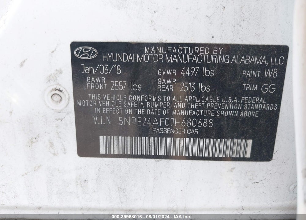 2018 HYUNDAI SONATA VIN: 5NPE24AF0JH680688
