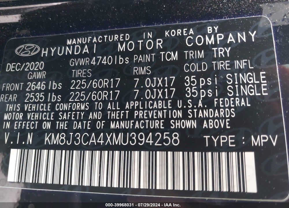 2021 HYUNDAI TUCSON VALUE VIN: KM8J3CA4XMU394258