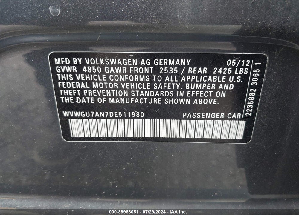 2013 VOLKSWAGEN CC 3.6L VR6 EXECUTIVE VIN: WVWGU7AN7DE511980