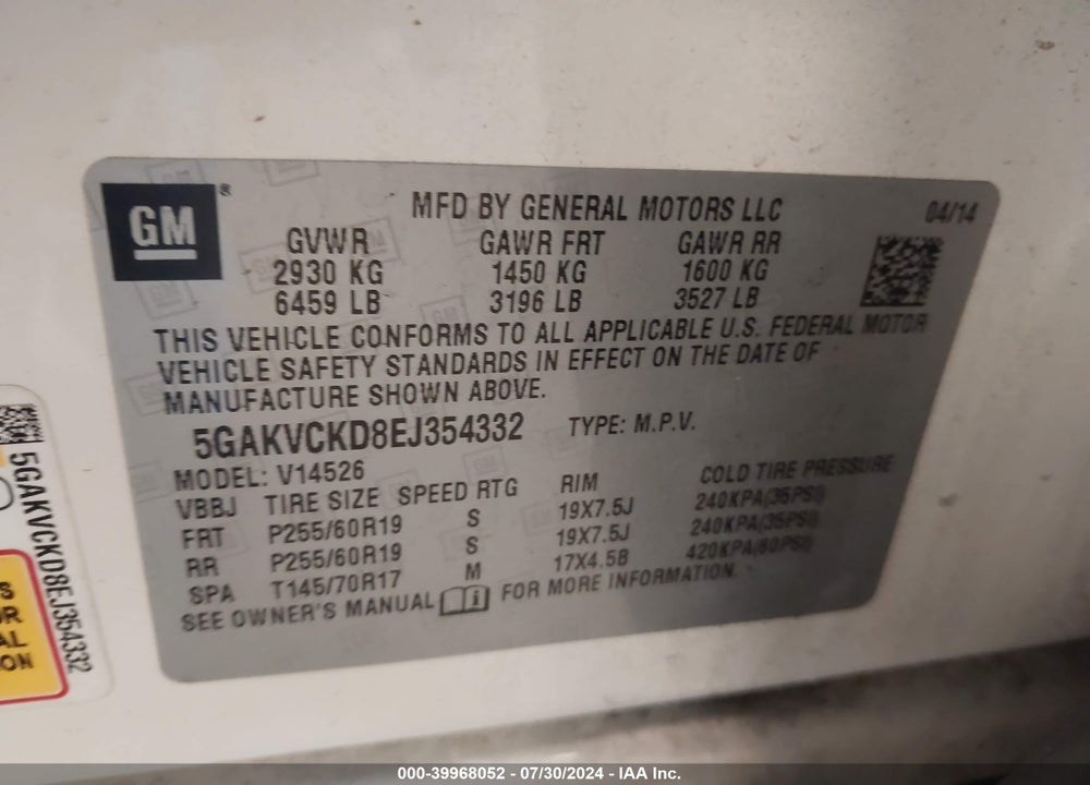 2014 BUICK ENCLAVE PREMIUM VIN: 5GAKVCKD8EJ354332