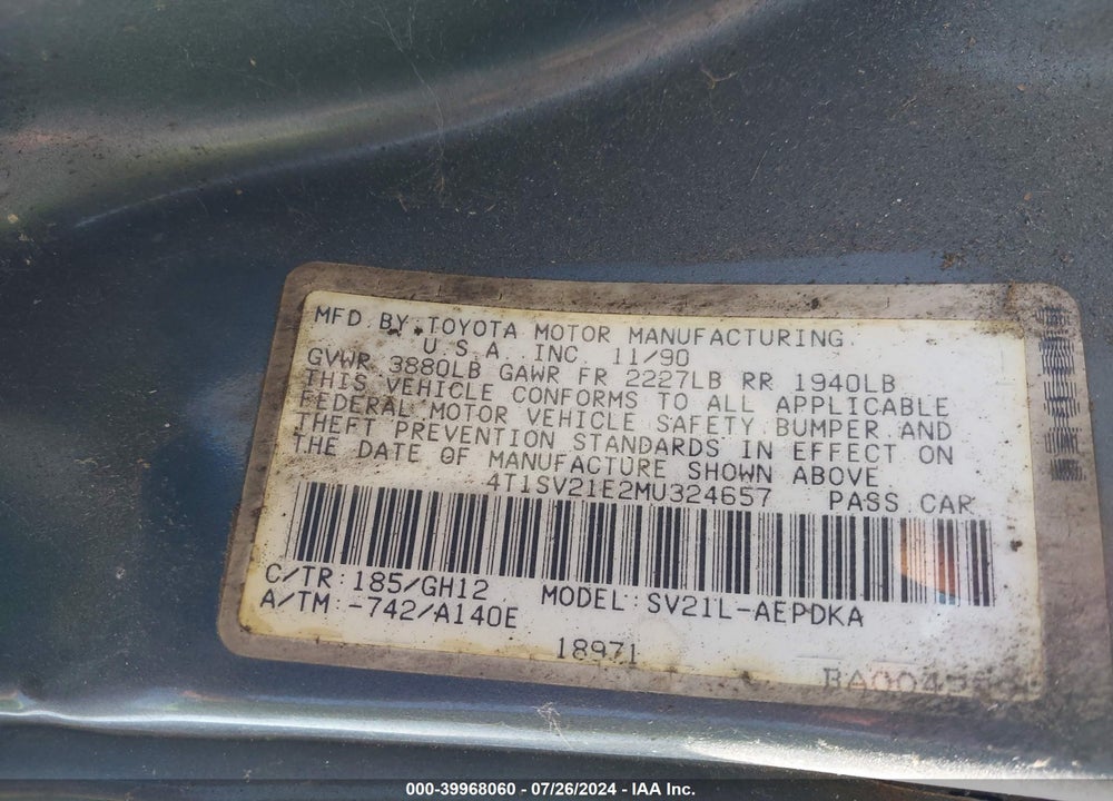 1991 TOYOTA CAMRY DLX VIN: 4T1SV21E2MU324657