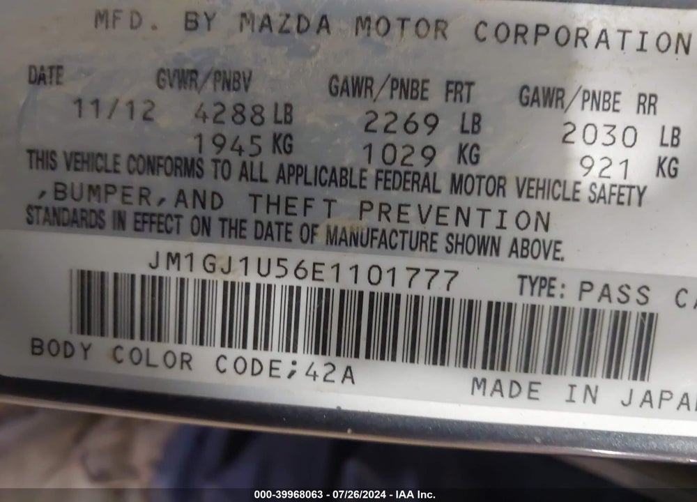 2014 MAZDA 6 I SPORT VIN: JM1GJ1U56E1101777
