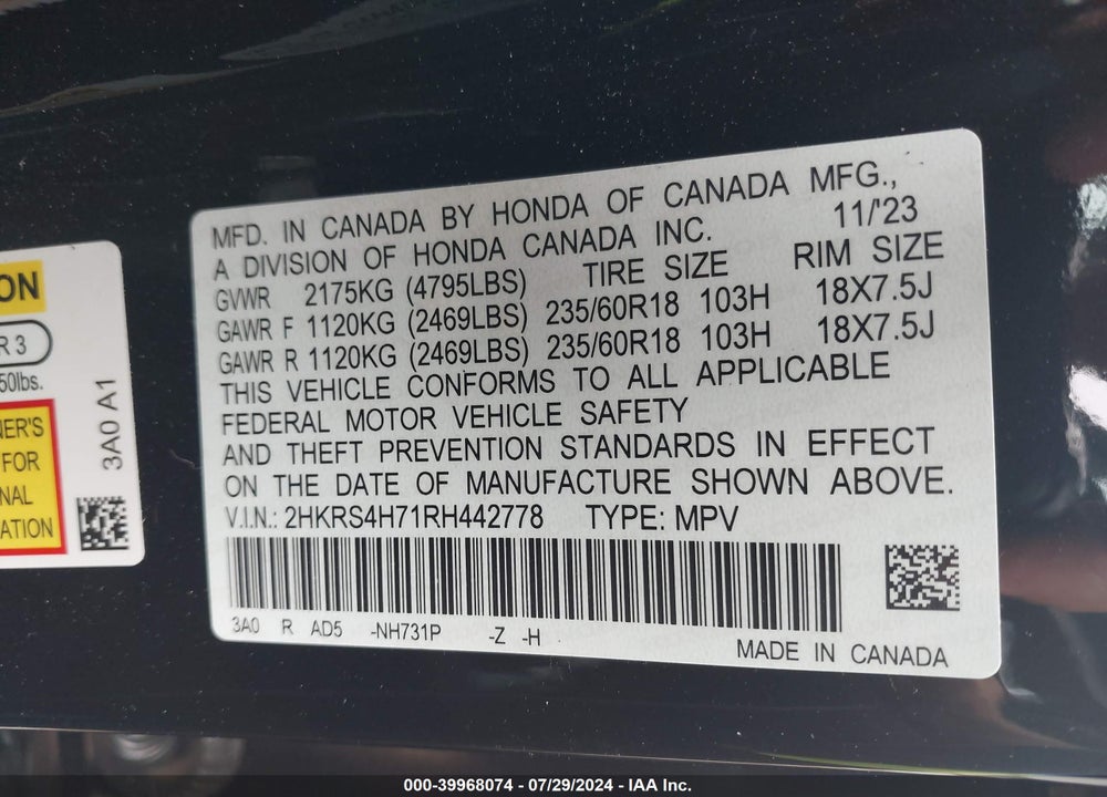 2024 HONDA CR-V EX-L AWD VIN: 2HKRS4H71RH442778