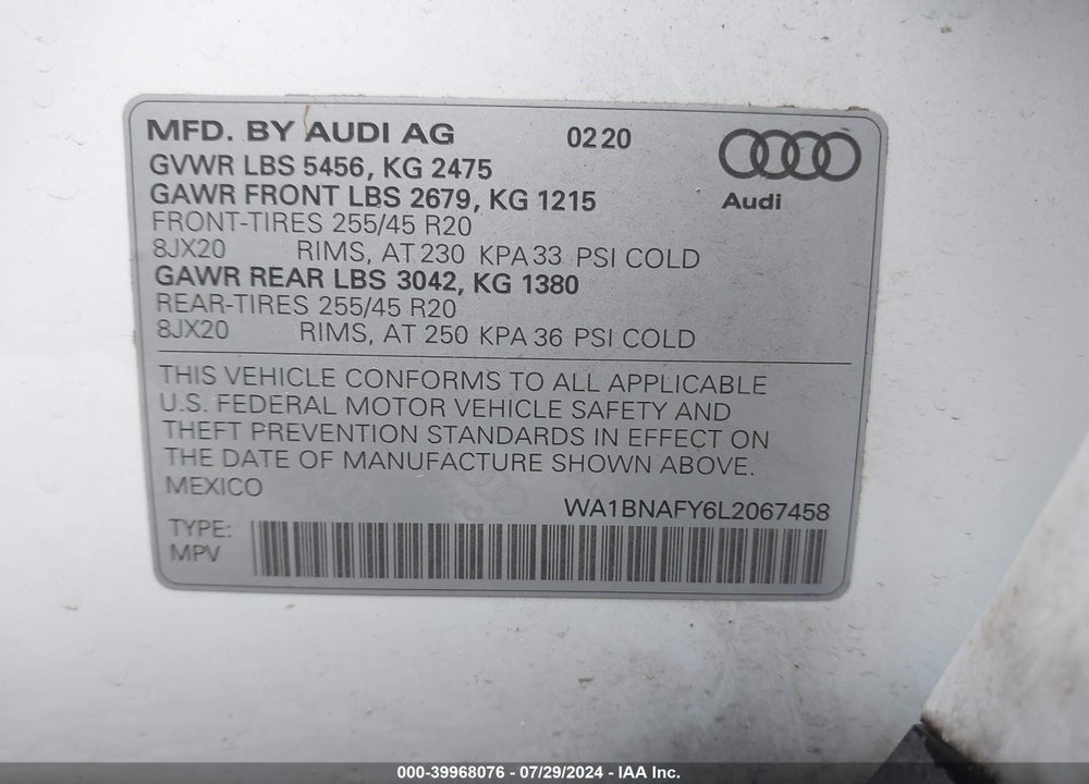 2020 AUDI Q5 PREMIUM PLUS 45 TFSI QUATTRO S TRONIC VIN: WA1BNAFY6L2067458