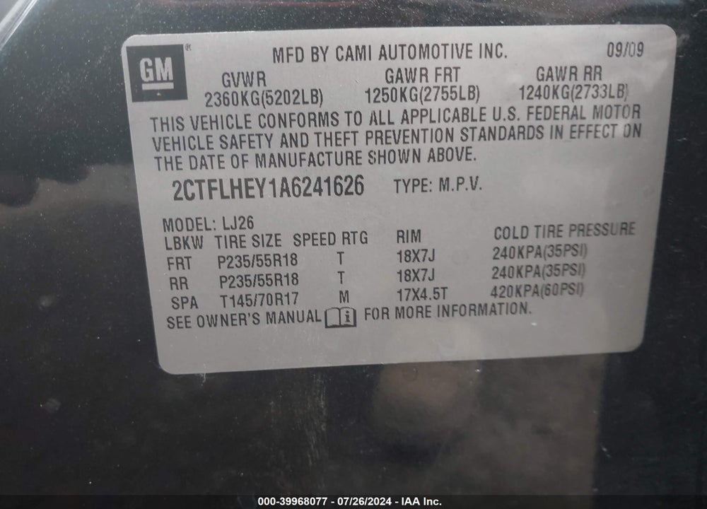 2010 GMC TERRAIN SLT-2 VIN: 2CTFLHEY1A6241626