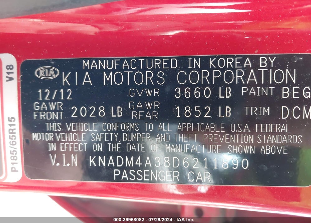 2013 KIA RIO LX VIN: KNADM4A38D6211890
