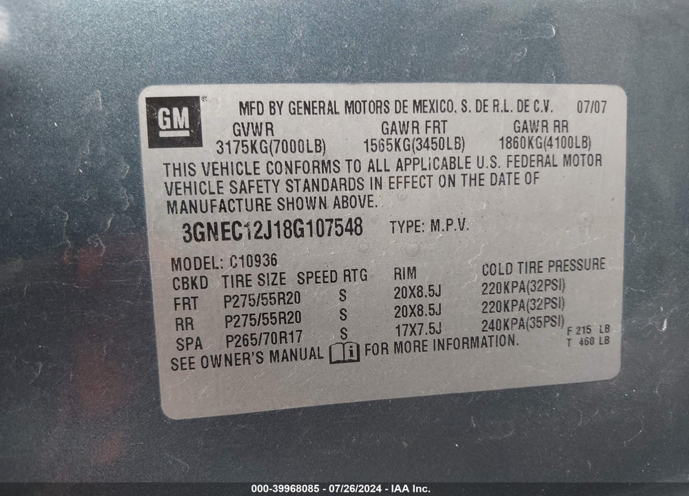 2008 CHEVROLET AVALANCHE 1500 LT VIN: 3GNEC12J18G107548