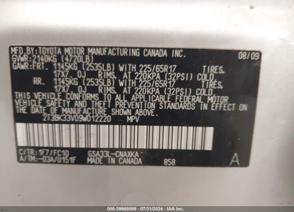 2009 TOYOTA RAV4 BASE V6 VIN: 2T3BK33V09W012220