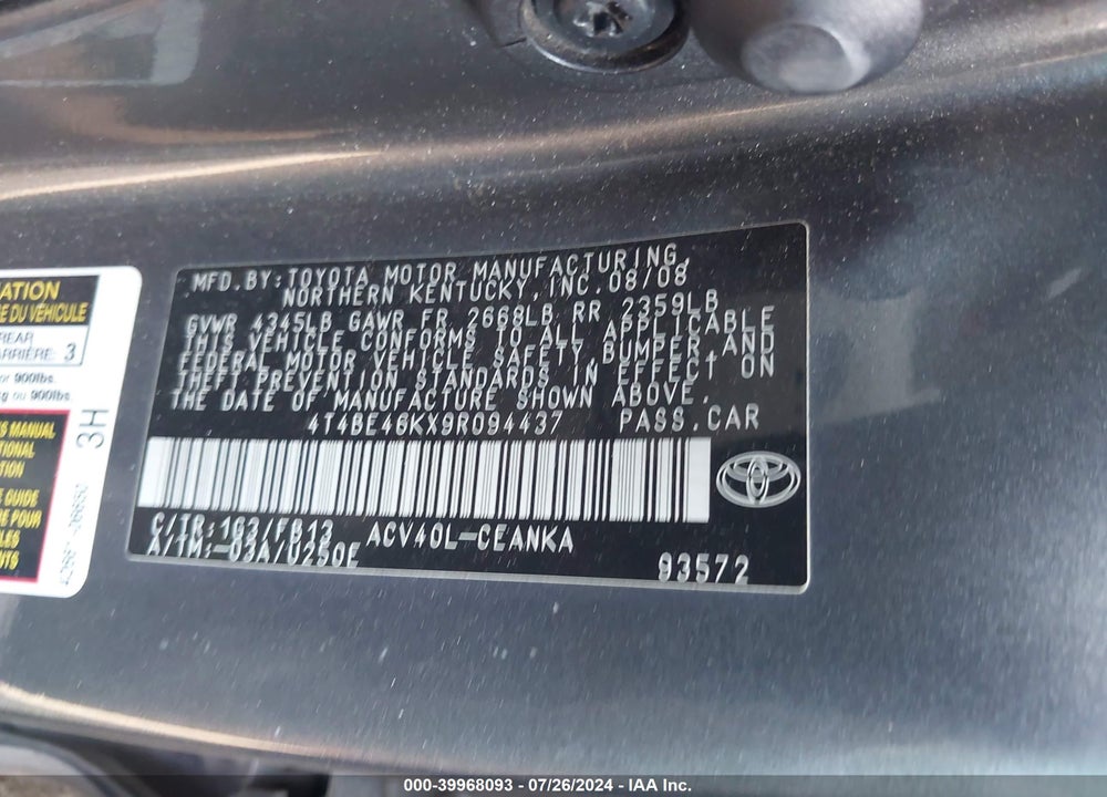 2009 TOYOTA CAMRY LE VIN: 4T4BE46KX9R094437