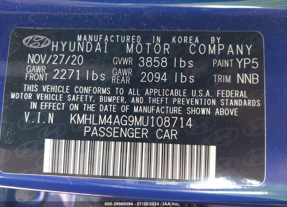 2021 HYUNDAI ELANTRA SEL VIN: KMHLM4AG9MU108714