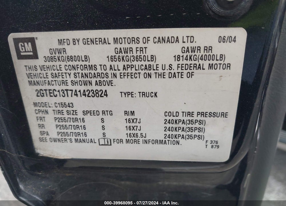 2004 GMC SIERRA 1500 SLE VIN: 2GTEC13T741423824