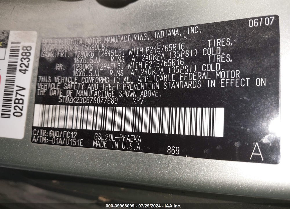 2007 TOYOTA SIENNA LE VIN: 5TDZK23C67S077689
