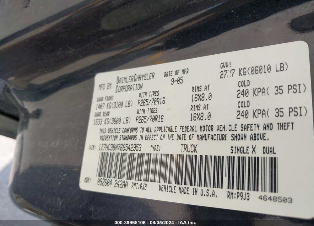 2006 MITSUBISHI RAIDER DURO CROSS V8 VIN: 1Z7HC38N76S542953