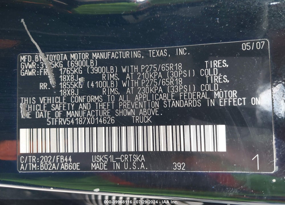 2007 TOYOTA TUNDRA SR5 V8 VIN: 5TFRV54187X014626
