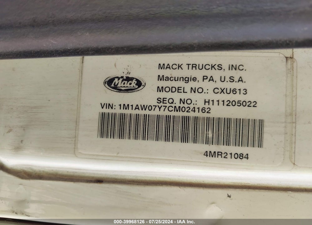 2012 MACK 600 CXU600 VIN: 1M1AW07Y7CM024162
