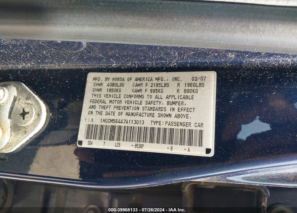 2007 HONDA ACCORD 2.4 LX VIN: 1HGCM56447A113013